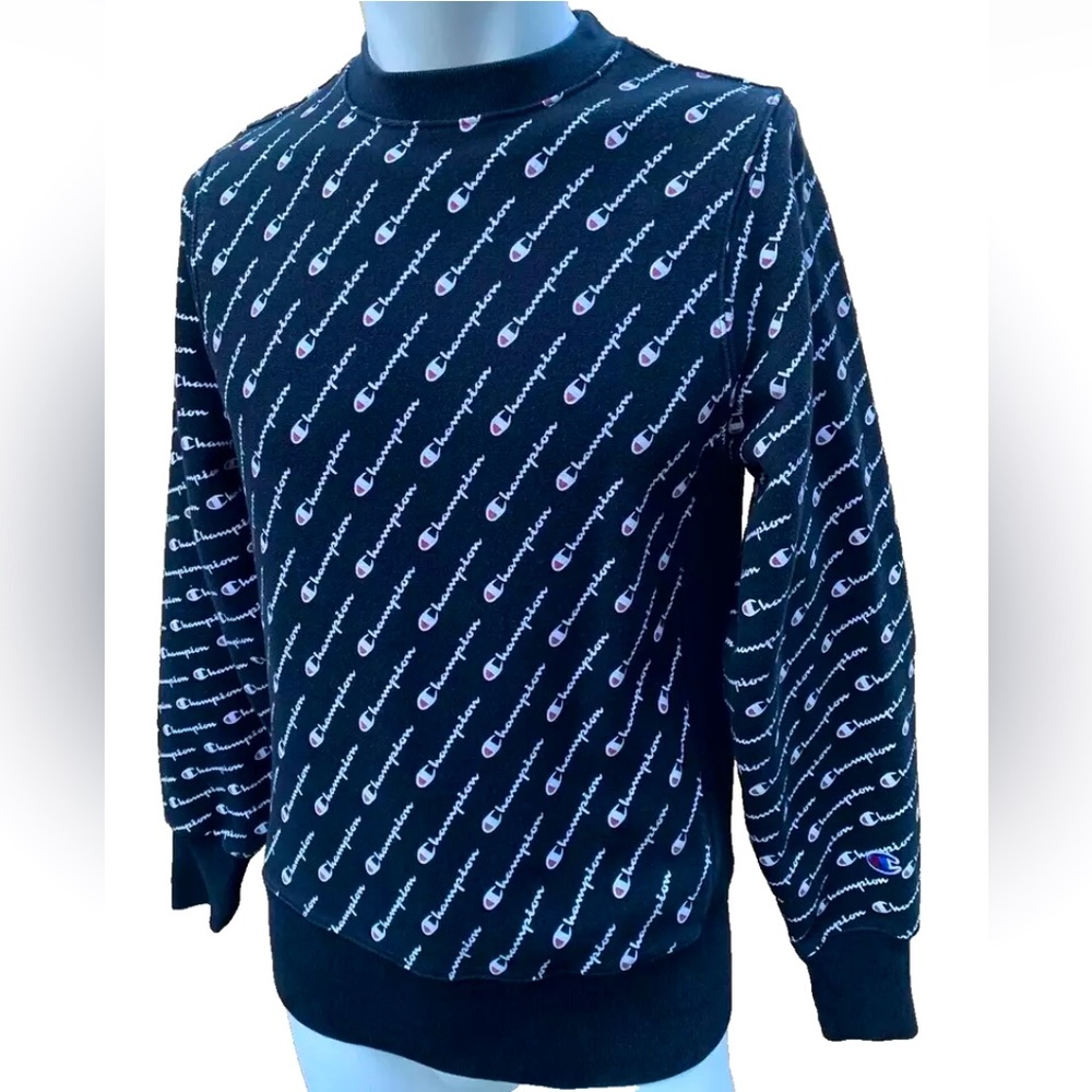 Champion Reverse Weave All Over Logo Black Crewneck Sweatshirt Sz Small